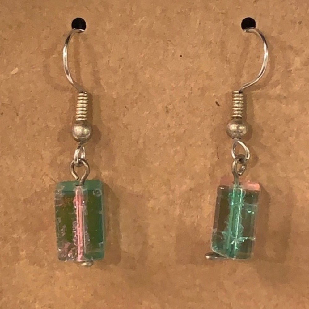 💐5/25 colored glass prism rectangle cube stone dangle drop silver earrings